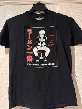 Black Short-Sleeve Graphic Tee with Red Accents – Ichiraku Ramen Design